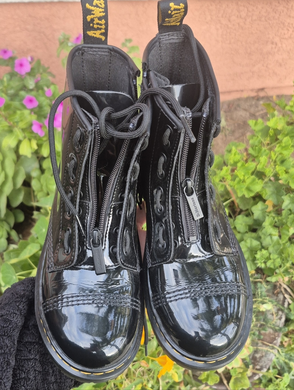 Dr. Martens Black Patent Vegan Platform Combat Boots with Yellow Stitching